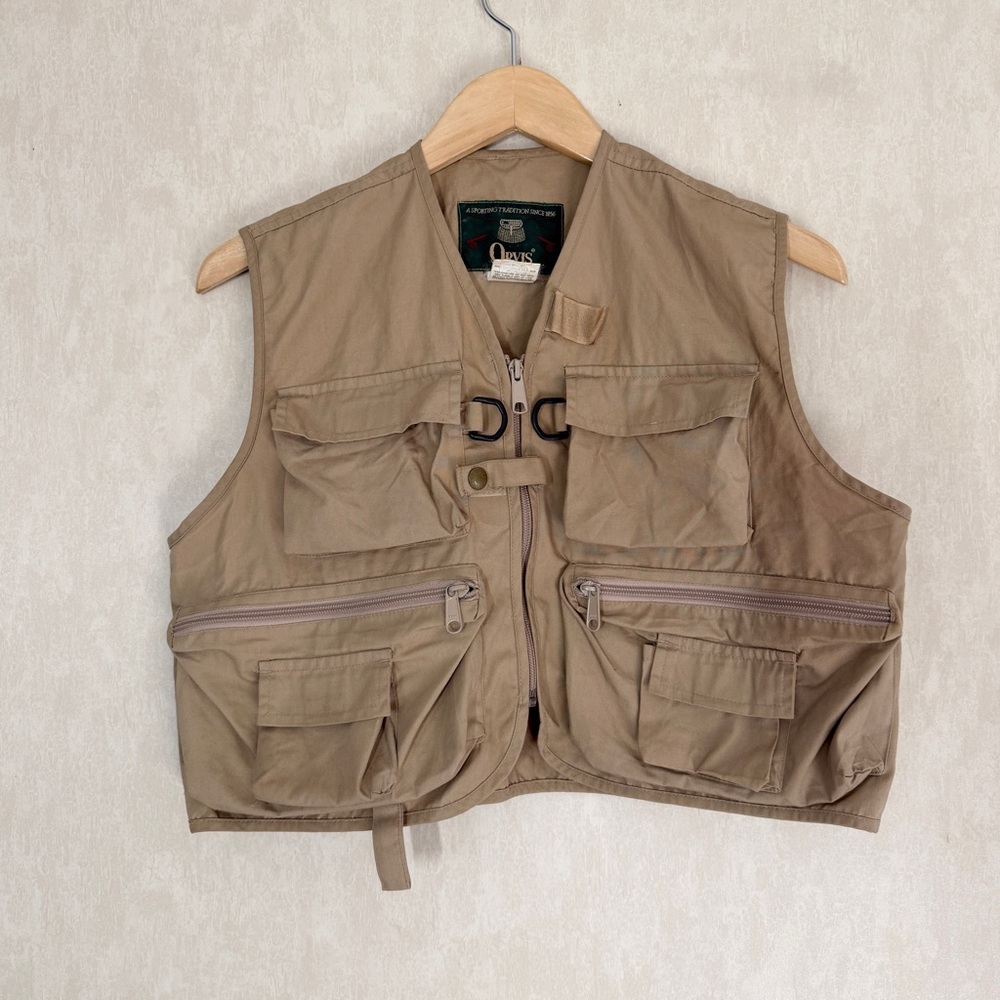 Orvis Men’s Vintage Fly Fishing Vest Pocket Patch Outdoor in Khaki Beige XXS
